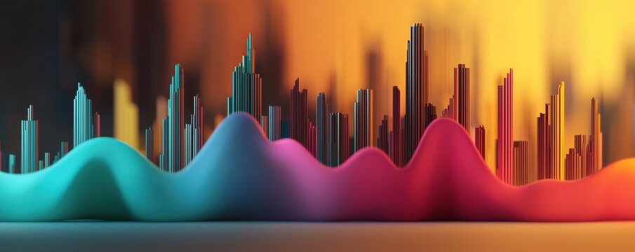 A vibrant, abstract representation of sound waves with colorful peaks and a city skyline silhouette in the background.