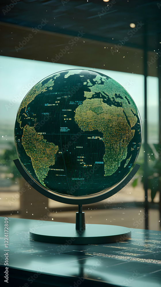 Poster digital globe spins, office view, data map