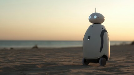 A friendly robot with two glowing eyes stands on a sandy beach during a sunset