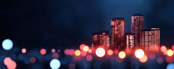 A glowing cityscape at night, featuring illuminated buildings against a soft, blurred background of colorful lights.