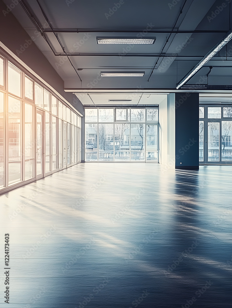 Poster sunlit modern interior of a spacious empty office with large windows and wooden floor : generative a