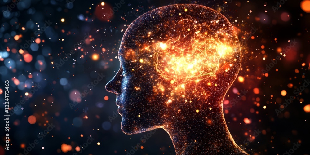 Poster abstract visualization of human brain with glowing neural connections and bokeh light effects