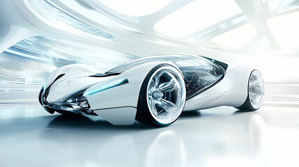 Futuristic white sports car in modern showroom