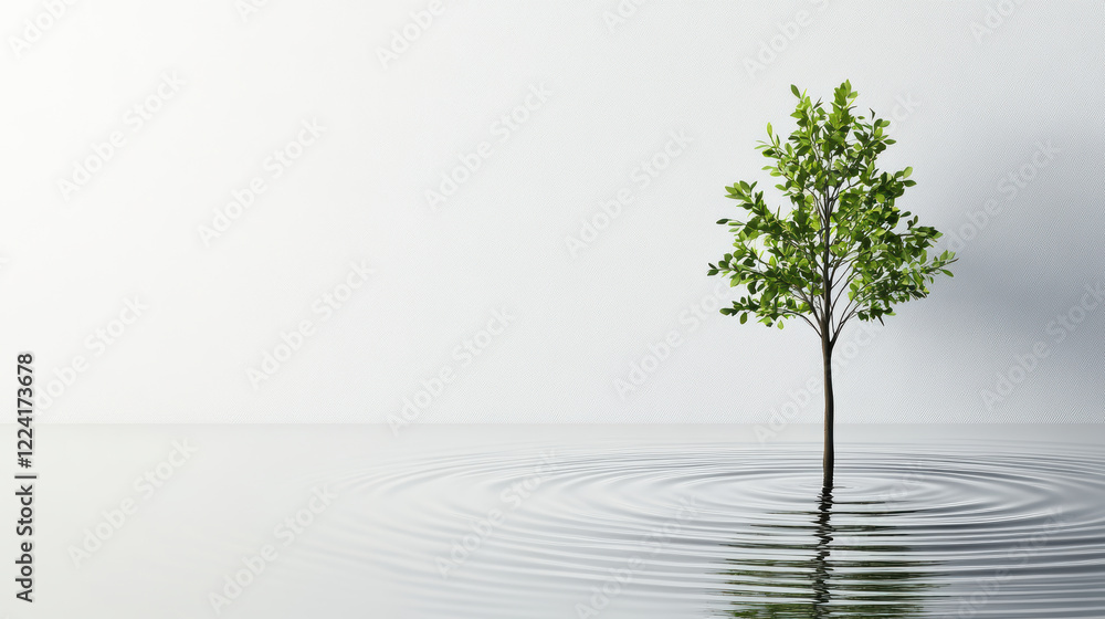 Poster serene tree standing in calm water, creating gentle ripples around it