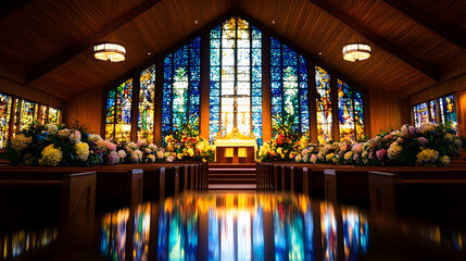 Obraz premium Vibrant Interior of Flower Adorned Church with Colorful Stained Glass Windows : Generative AI