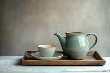 Obraz premium A serene setup with a porcelain tea pitcher and a matching teacup on a wooden tray.