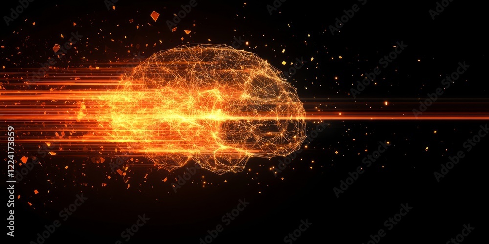 Poster futuristic digital brain with glowing neural network connections on a dark background