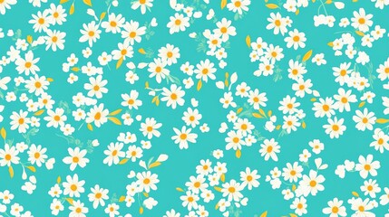Bright Floral Pattern with White Daisies on Aqua Background