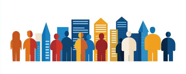 A colorful illustration of diverse people standing in front of a city skyline, symbolizing community and urban life.