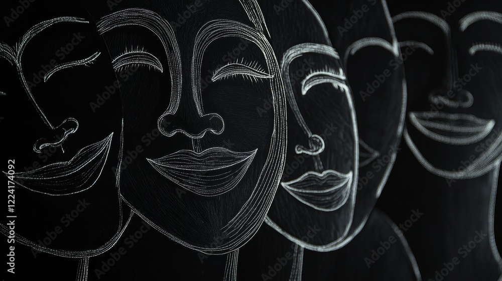 Poster abstract line art of multiple smiling faces on a dark background
