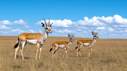 family of antelopes moving together in tight formation under blue sky