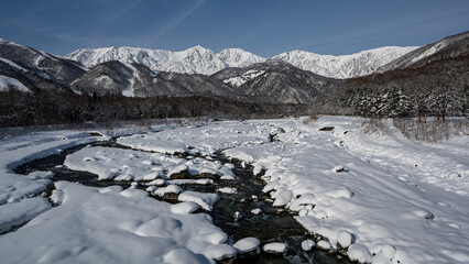清流と雪の北アルプス　長野県白馬村