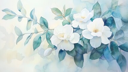 Delicate White Flowers with Green Leaves in Soft Watercolor Background