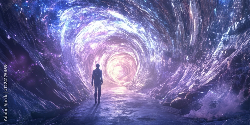 Poster a man is walking down a tunnel in space