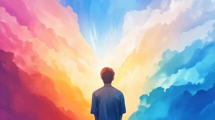 Obraz premium A Vibrant Abstract Scene of a Person Standing Tall Against a Colorful Sky Filled with Swirling Clouds and Light