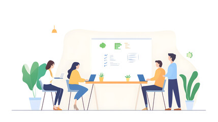 An Asian team of coworkers collaborating on an environmental project in an office meeting room. A large whiteboard displays eco-friendly goals and plans, while green plants decorate the space. The