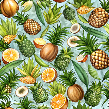 Tropical Fruits Watercolor Seamless Pattern. Pineapple. Coconut. and Orange Slices