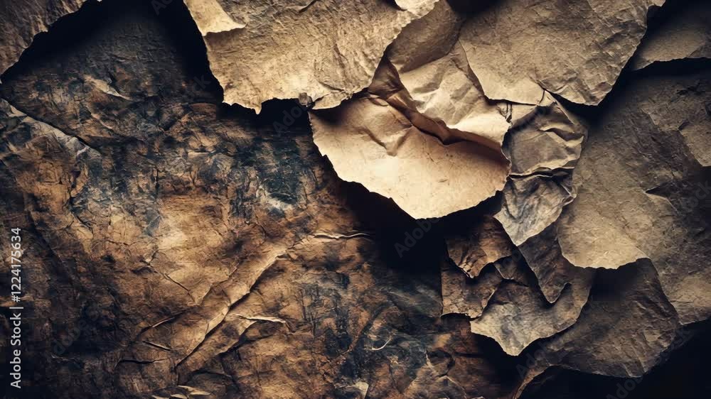 Poster textured crumpled brown paper layers with various shades and patterns in a close up view illuminatin