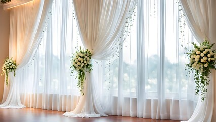 Fototapeta premium Elegant wedding backdrop with sheer white curtains, cascading floral arrangements, and a bright window view.