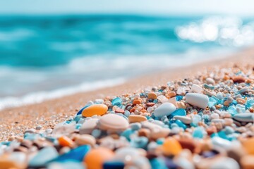 Close-up of Colorful Tiny Stones on a Beach Shoreline with Soft Waves and Gentle Blue Ocean Background