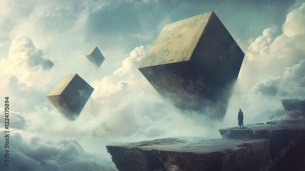 Poster surreal landscape with floating cubes in a dreamlike cloudscape and lone figure on rocky terrain