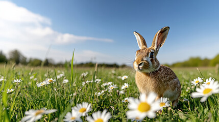 Obraz premium hare hopping through field of daisies under bright blue sky