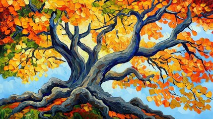 Colorful Autumn Tree with Vibrant Leaves and Artistic Brush Strokes