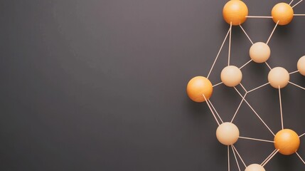 A geometric arrangement of spheres connected by lines, set against a dark background, evoking themes of structure, connection, and science.