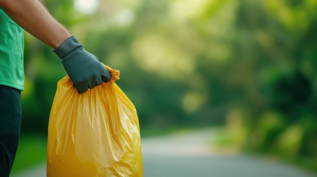 Hands Collecting Litter and Holding Yellow Trash Bag in Outdoor Environment During Clean-Up Activity