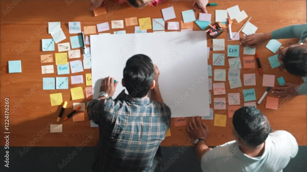 Aufkleber top down view of manager writing and sharing idea by using mind map. aerial view of smart business t