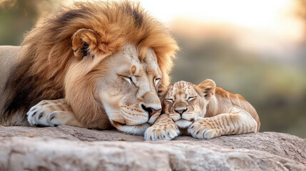 Fototapeta premium lion and lioness nuzzling affectionately, showcasing their bond