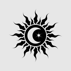 A stunning black tribal sun and moon symbol with flame-like rays. Perfect for tattoos, mystical designs, astrology, and spirituality. Represents balance, cosmic energy, and celestial harmony