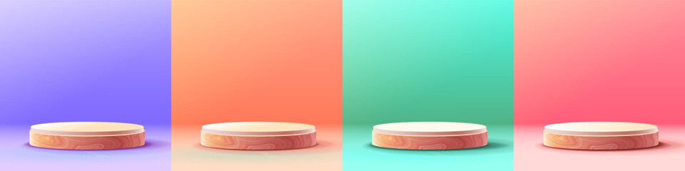 Product banner, podium platform with geometric shapes, purple orange green red background and 3D vector