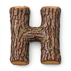 Rustic Wooden Letter H with Tree Bark Texture and Green Moss