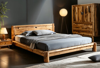 Rustic Charm Bedroom: A solid wood platform bed takes center stage in a cozy and modern bedroom setting.  The natural wood grain and simple design exude warmth and tranquility.