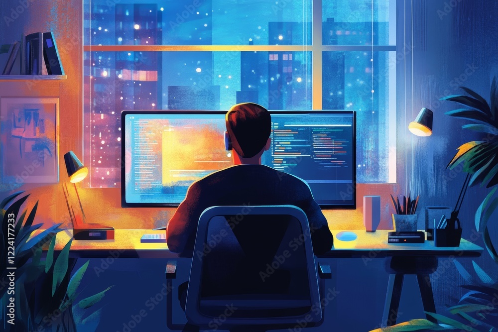 Poster immersive nighttime coding experience in a modern home workspace with a city view