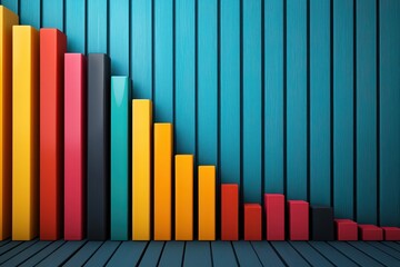 Obraz premium A colorful bar graph displays a descending trend against a wooden blue background, illustrating data variations visually.
