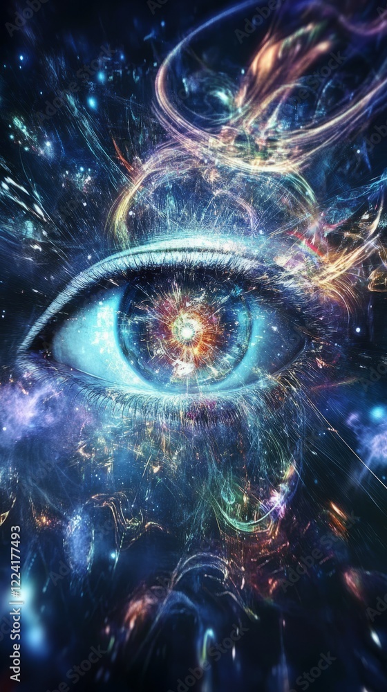 Poster surreal cosmic eye with vibrant colors and abstract patterns in a mystical space setting
