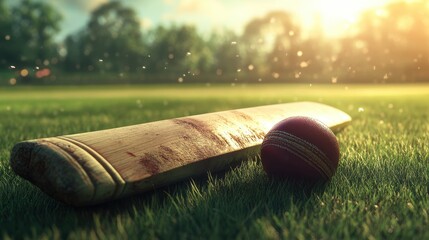 Cricket Bat and Ball on Grass Field at Sunset