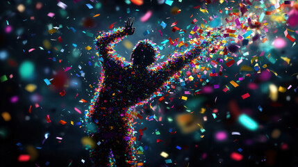 vibrant silhouette surrounded by colorful confetti, celebrating joy and excitement. dynamic scene captures essence of festive atmosphere