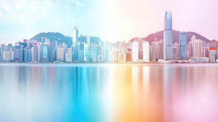 Vibrant Hong Kong cityscape sunrise reflection, harbor view, urban development