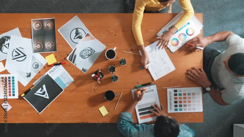 Poster top view of business people working together to choosing color from color palette. project manager p
