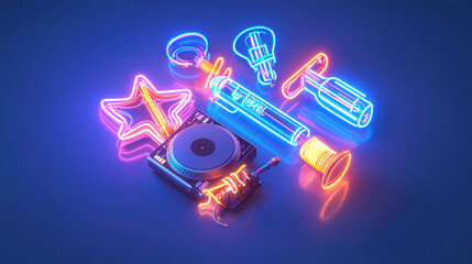 Neon lights illuminate turntable and various music related items, creating vibrant atmosphere