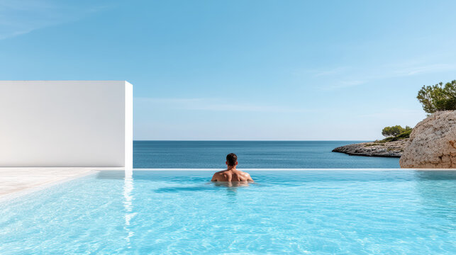 serene minimalist pool scene with lone swimmer enjoying view