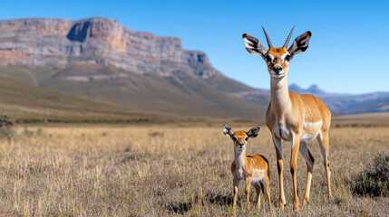 Fototapeta premium mother antelope and her calf bonding in serene landscape