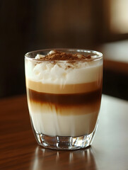 Gourmet Iced Coffee Latte with Creamy Foam in Glass on Wooden Table : Generative AI