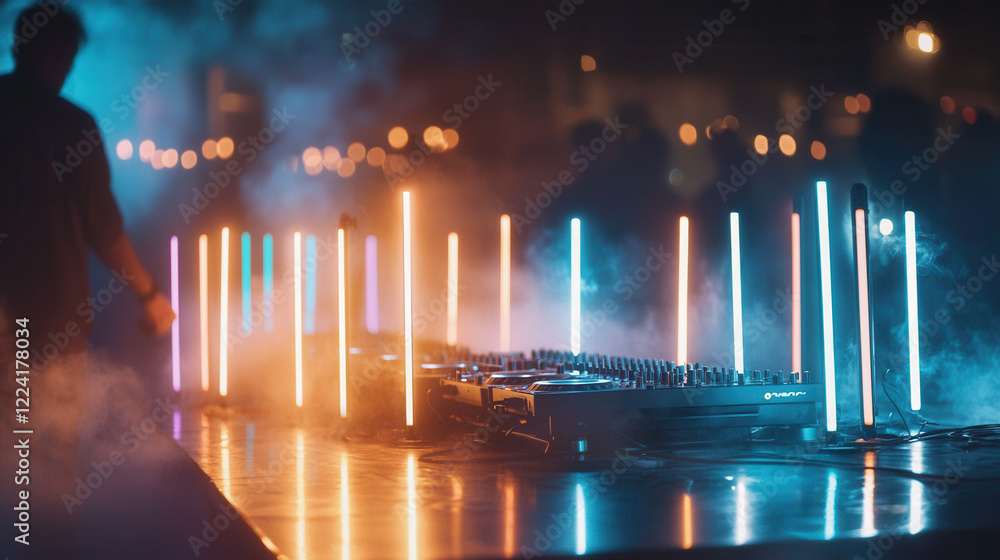 Aufkleber vibrant dj setup with colorful lights and fog creates energetic atmosphere for lively event
