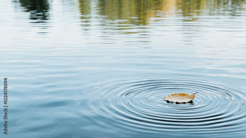 Poster serene scene of ripples in calm lake with floating leaf
