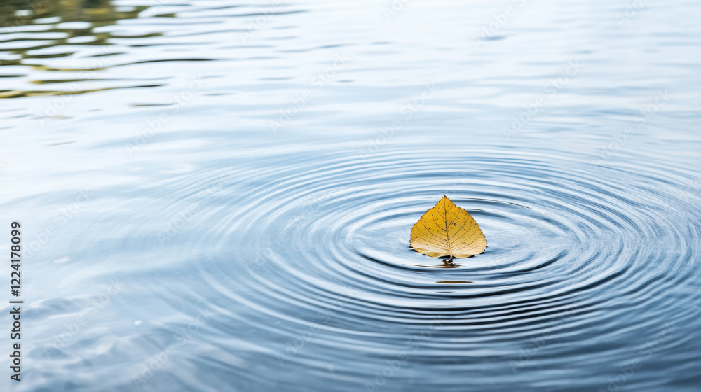 Poster serene scene of yellow leaf floating on calm water, creating gentle ripples