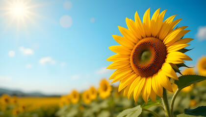 Obraz premium Single sunflower in field, sunny day.